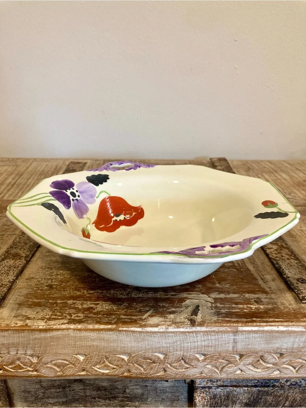 Hand-Painted Floral Ceramic Serving Bowl Purple & Red Flowers Made In England